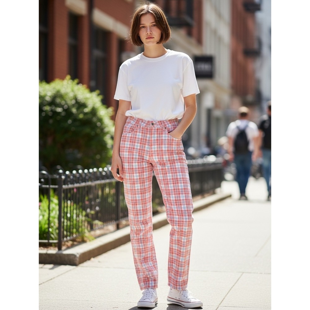 Guess Originals Plaid High Rise Straight Jeans Womens 26 Red White Blue